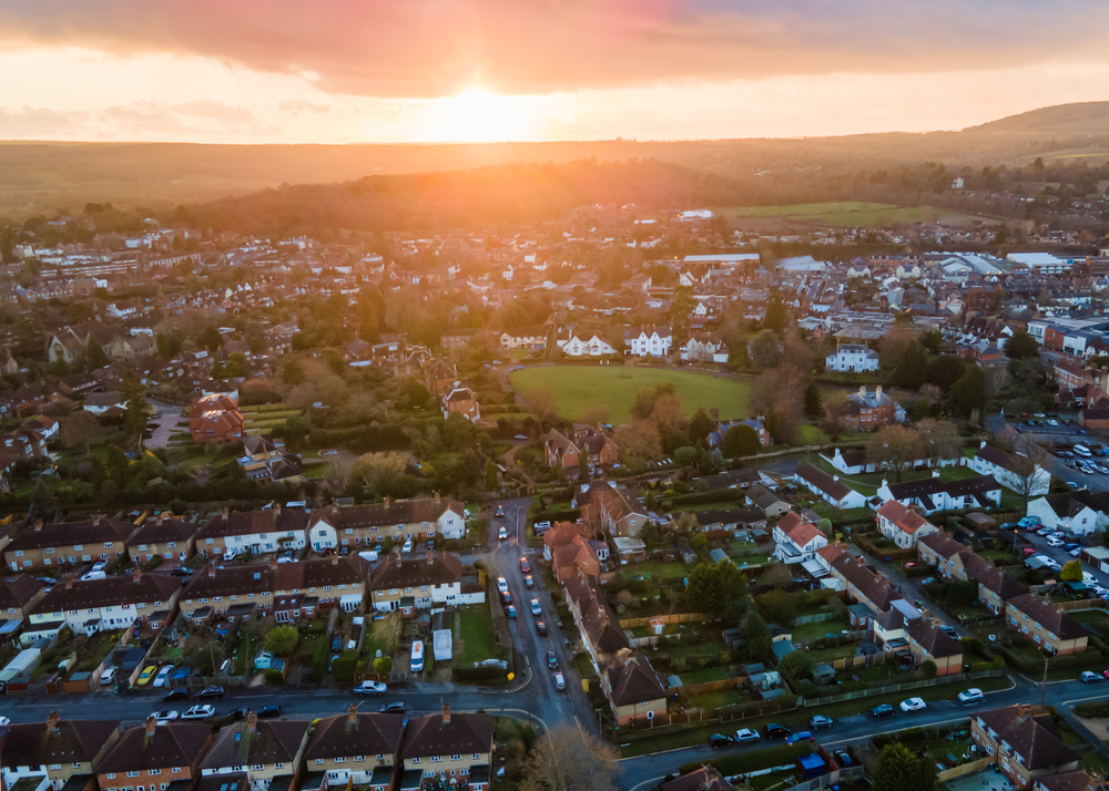 An aerial photograph of Surrey, England, taken at sunset.