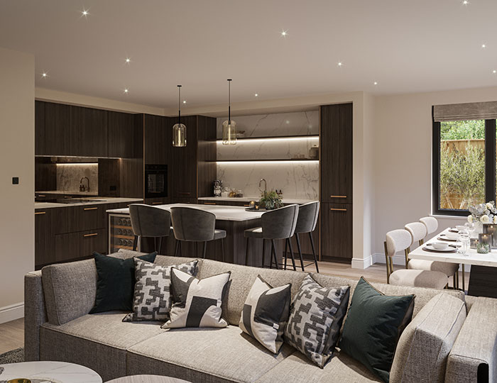 An image of the kitchen and dining room at an Ivy Grove property in Hertfordshire.