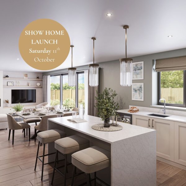 New houses in West Sussex. Computer generated image of kitchen with island at Meadow View development in Horsham.