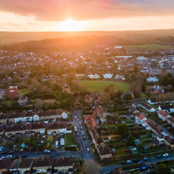 An aerial photograph of Surrey, England, taken at sunset.